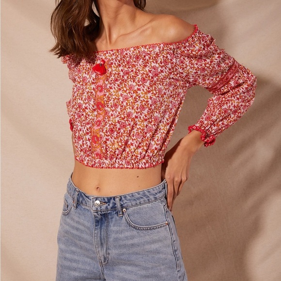 Poupette St. Barth Off-Shoulder Floral Cropped Blouse - Picture 1 of 10